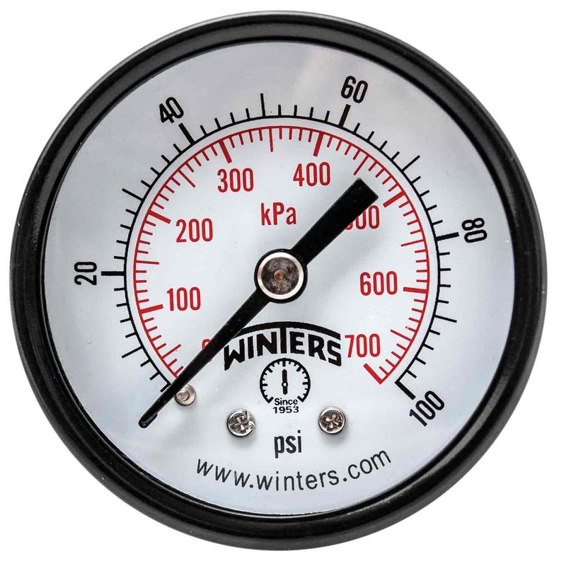 Winters 2 inch Dial Size, Multi Function Application Economy Utility Dry Pressure Gauge, Brass Internals, Steel Case, Dual Scale 0-100 psi/kPa, 3-2-3% Accuracy, 1/4 inch NPT Back Mount, Pressure Gauge